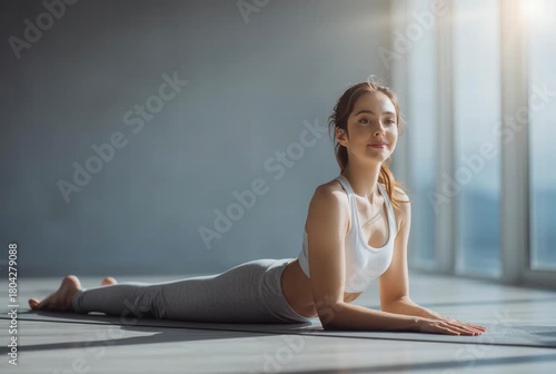 a young woman doing stretching yoga exercises on a mat in a leaving room