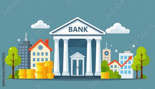 Global economic inflation impact on banking sector in urban environment minimal illustration concept
