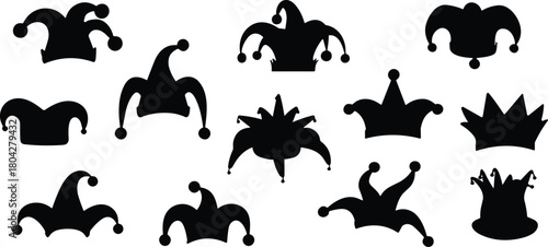 Silhouettes of jester hats, black vector icons, clown headwear collection, whimsical shapes, theatrical costume design, digital artwork, fantasy theme
