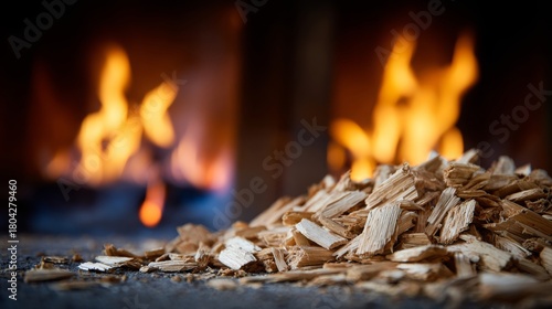 Close up photo shows wood chips burning in biomass power plant. The flames and fire generate heat. Eco-friendly renewable energy source. Environment friendly concept of fuel. Industrial tech process.