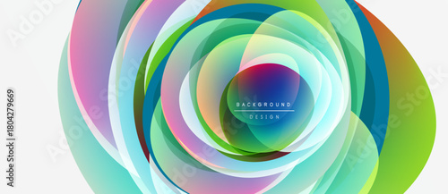 Abstract colorful layers create dynamic circular design. Vibrant hues blend, forming modern background element. Smooth gradients suggest movement.