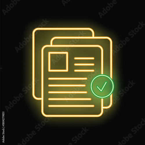 Glowing neon icon depicting successful document verification, ideal for themes of approval, validation, and digital processes