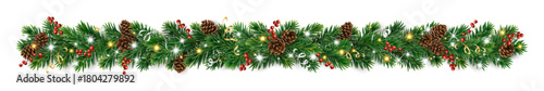 Christmas tree garland with pine cones, holly berries, ribbons, and glowing lights. Realistic festive border for Christmas design. Transparent background in vector file.