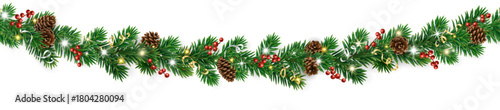 Photos Seamless Christmas garland with pine cones, holly berries, ribbons, and lights