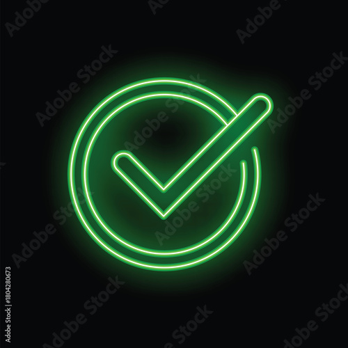 Bright green neon check mark glowing on a dark background