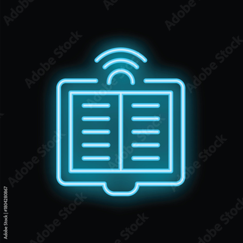 Blue neon icon of an ebook reader sending a wireless signal on a black background
