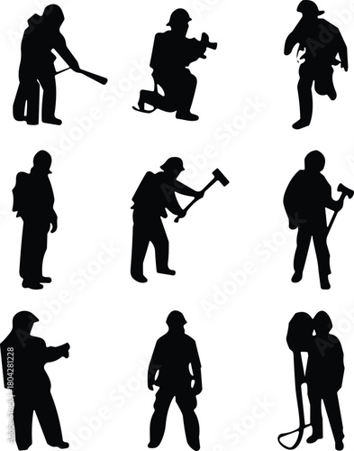 Worker silhouette collection, black vector icons, various professions, tool usage, labor poses, occupational theme, digital artwork, job activity design