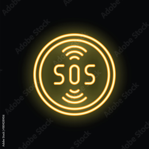 Neon sos sign emitting a glowing yellow light on a black background, perfect for conveying urgency, danger, or the need for assistance