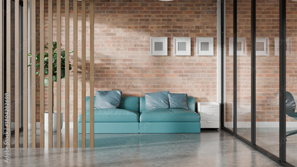 Obraz premium 3D Modern industrial office interior with brick walls, glass meeting room, and a cozy seating corner in a contemporary workspace