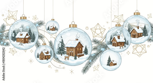 Christmas ornaments with miniature snowy houses and evergreen trees, festive holiday decoration.