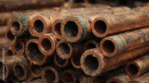 Close-up of copper tubing scrap metal being recycled or melted down in a foundry. Copper pipe waste materials repurposed for industrial use. Non-ferrous metal scrap in waste recycling processes.