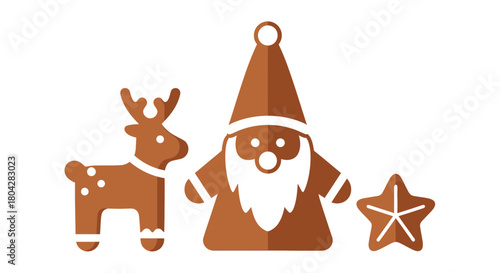 Gingerbread cookies shaped as a reindeer, Santa Claus, and a star, perfect for Christmas.