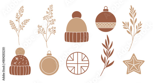 Collection of festive winter holiday decorations and botanical elements in a warm, neutral color palette.