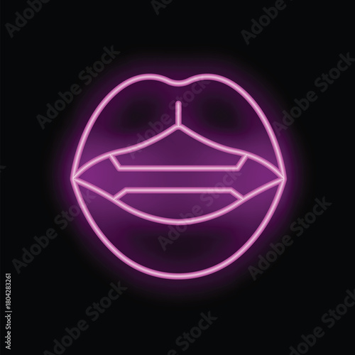 Neon lips sign shining bright purple light on black background
