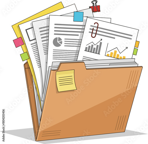 Create a Manila file folder with documents office paperwork and organization concept vector art with white background..