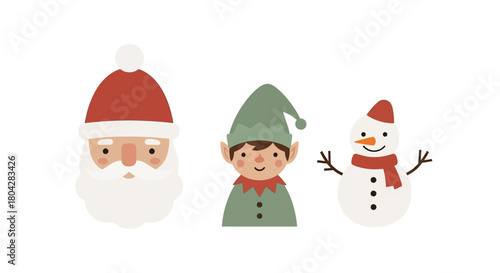 Festive Christmas icons: Santa Claus, elf, and snowman in a cheerful illustration.