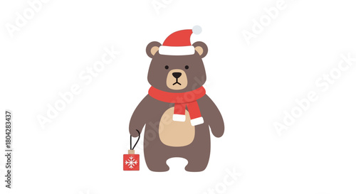 A cute cartoon brown bear wearing a Santa hat and red scarf holds a festive lantern.