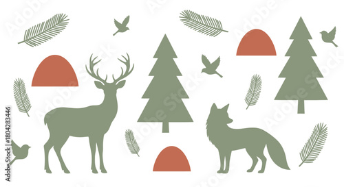 Minimalist forest animal and nature silhouettes with deer, fox, trees, birds, and feathers in green and red.