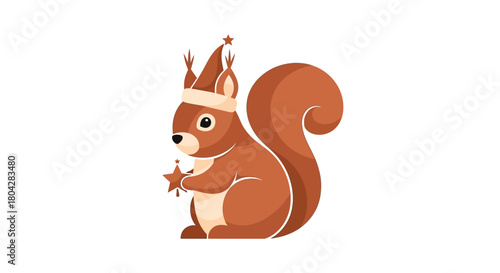 A cute cartoon squirrel wearing a festive hat and holding a star ornament.