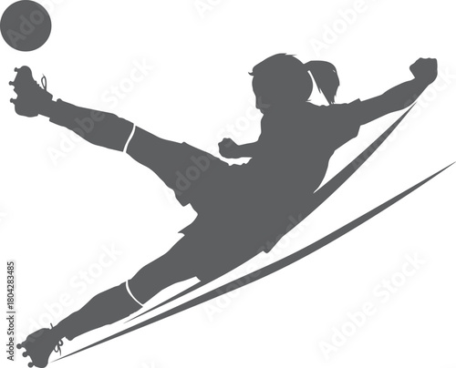 Dynamic Action: An athletic silhouette, embodies the spirit of competitive sport as she fiercely kicks the soccer ball with determined motion, capturing both the power and elegance of athleticism.