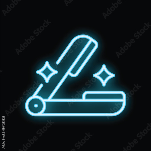 Neon blue icon of nail clippers is glowing on black background