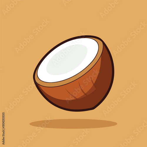 Half a fresh coconut with white flesh and brown shell, floating on a warm orange background