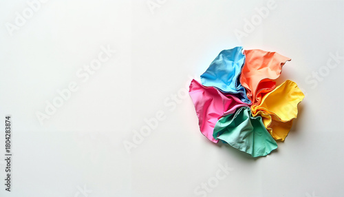 Folded colorful fabric circles on light background, vibrant flower-like textile composition