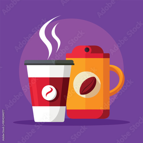 Steaming hot coffee in a disposable cup and a vibrant thermos bottle, perfect for a morning beverage