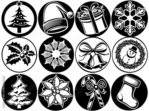Christmas black and white vector icons set
