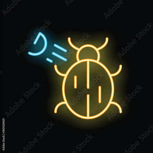 Yellow neon icon of a bug being debugged by a blue cursor, representing software development and coding