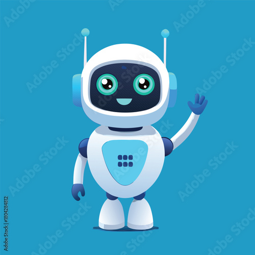Cute friendly robot character with antennas waving hello on a vibrant blue background