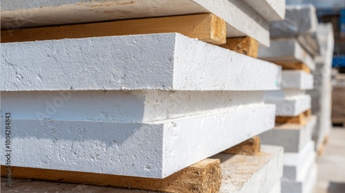 Close-up of white insulation foam panels for thermal insulation. Expanded polystyrene PPS plates used in construction site for masonry walls, facade. Stacked styrofoam sheets for plasterboard.
