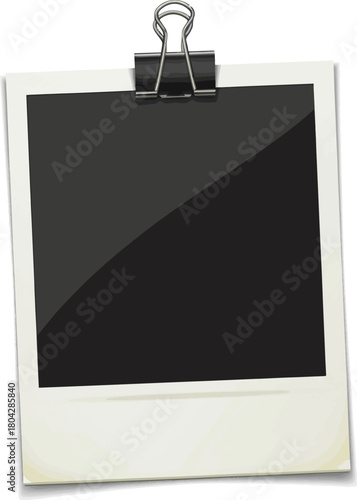 Create a Blank instant photo frame with paper clip isolated PNG, retro style picture template for memories and design vector art with white background.