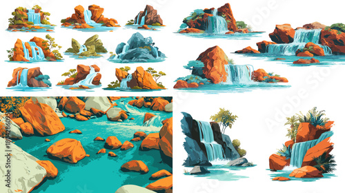 Beautiful illustration set of waterfalls, rocks, and flowing river scenes with vivid colors, showcasing natural freshwater landscapes and scenic outdoor views.