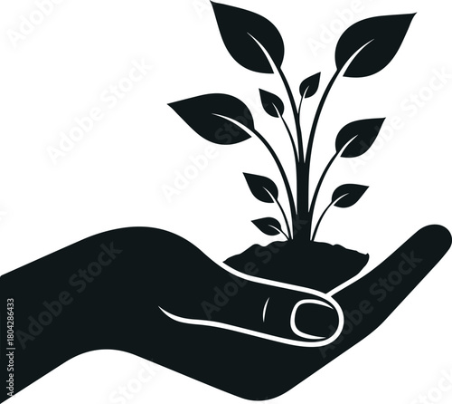Nurturing Growth: A symbolic depiction of a hand cradling a young plant, representing concepts of growth, nurture, and environmental protection.