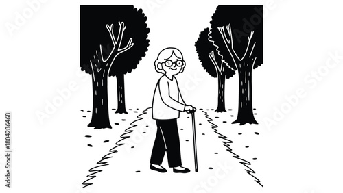 Old woman walking with stick