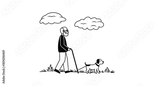 Old man walking with dog