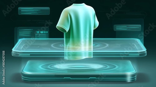Digital t shirt showcases during virtual demonstration of futuristic fitting technology for advanced online shopping