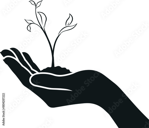 New Life in Hand: A detailed hand cradles a nascent plant, symbolizing new life, growth, and the nurturing of the natural world. This illustration conveys a message of hope, potential.