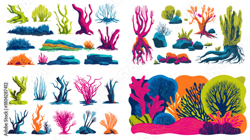 Vibrant illustration set of coral and underwater plants in bright colors, featuring detailed sea elements perfect for ocean themed designs and aquatic decoration.