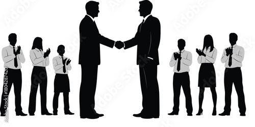 Silhouette business team applauding handshake, successful partnership negotiation, corporate agreement, leadership collaboration, teamwork celebration, professional success, deal closing, unity, trust