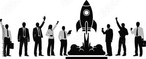 Silhouette business team launching rocket, startup success, innovation celebration, teamwork motivation, corporate growth, leadership concept, project achievement, entrepreneurship boost