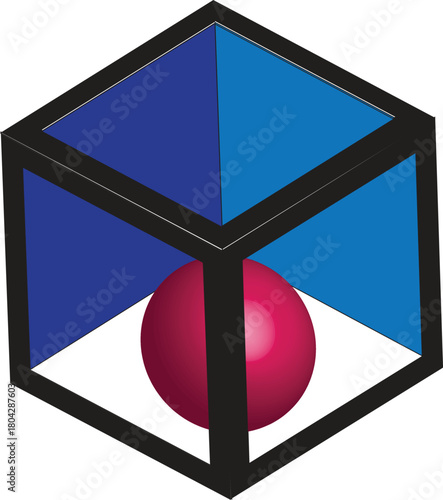 A red sphere is inside a blue cube isolated on transparent background, creating a sense of containment and geometric harmony, with a minimalist and modern aesthetic