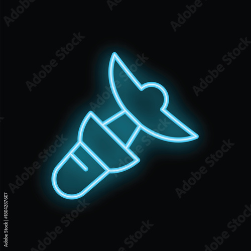 Glowing neon line icon of a milling cutter tool for industrial or diy projects, isolated on a black background