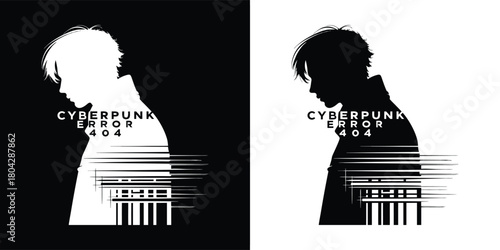 Cyberpunk error 404 glitch silhouette of a person in black and white, representing digital failure and futuristic themes