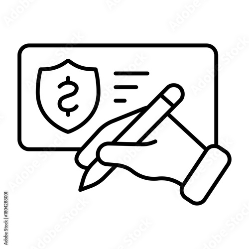 Bill check and pen in hand thin line icon, donation of funds concept. Vector graphics. Hand signature for bank bill, finance sign on white background, style icon mobile or web design.