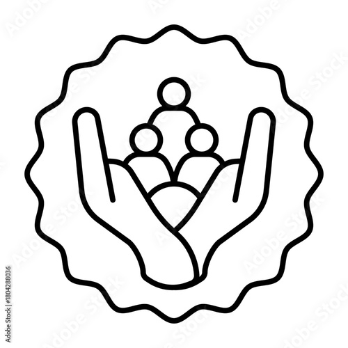 Sticker with people crowd in hands thin line icon, communication concept. Vector graphics. Quality of service sticker, seal sign on white background, style icon mobile or web design.