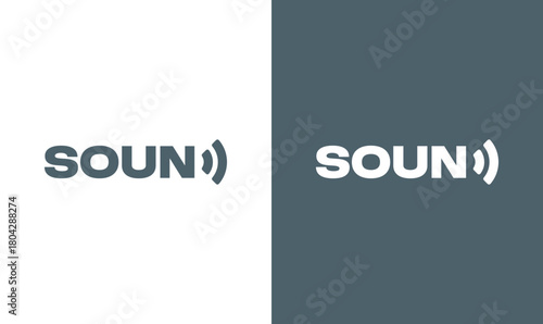 Minimalist  SOUND  typography logo with audio wave symbol, modern sans-serif design, clean branding concept on light and dark backgrounds.