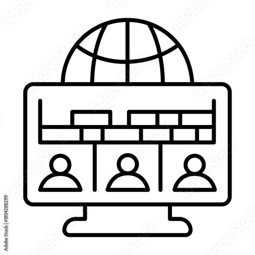 Monitor with projects and team thin line icon, performers union concept. Vector graphics. Display with globe sign on white background, style icon mobile or web design.