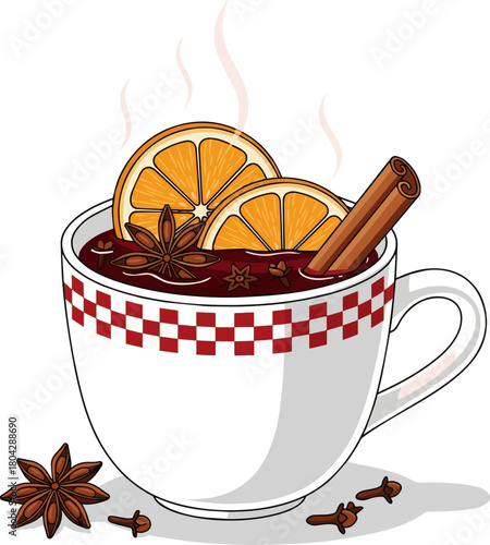 Create a Festive Mug of Mulled Wine with Spices and vector art with white background.